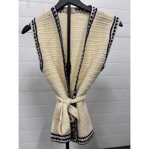 Vintage Crochet Vest Womens Medium Ivory Blue Boho Handmade